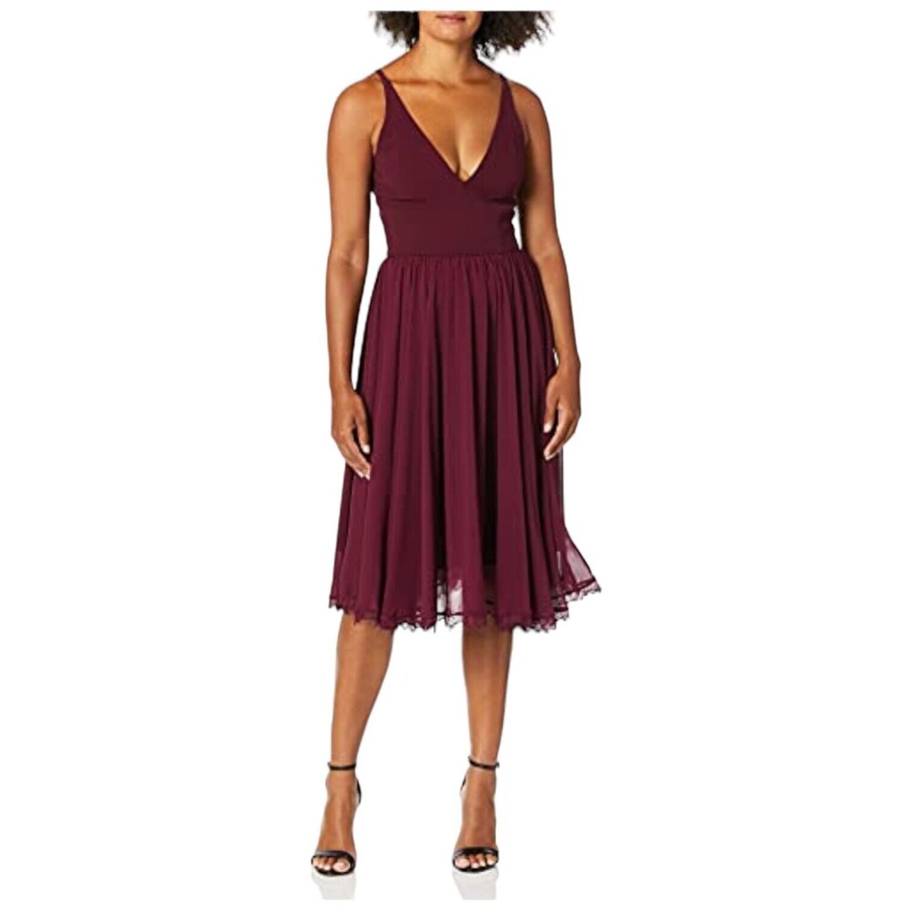 DRESS THE POPULATION Women's Alicia Burgundy Plunging Mix Media Dress Size M